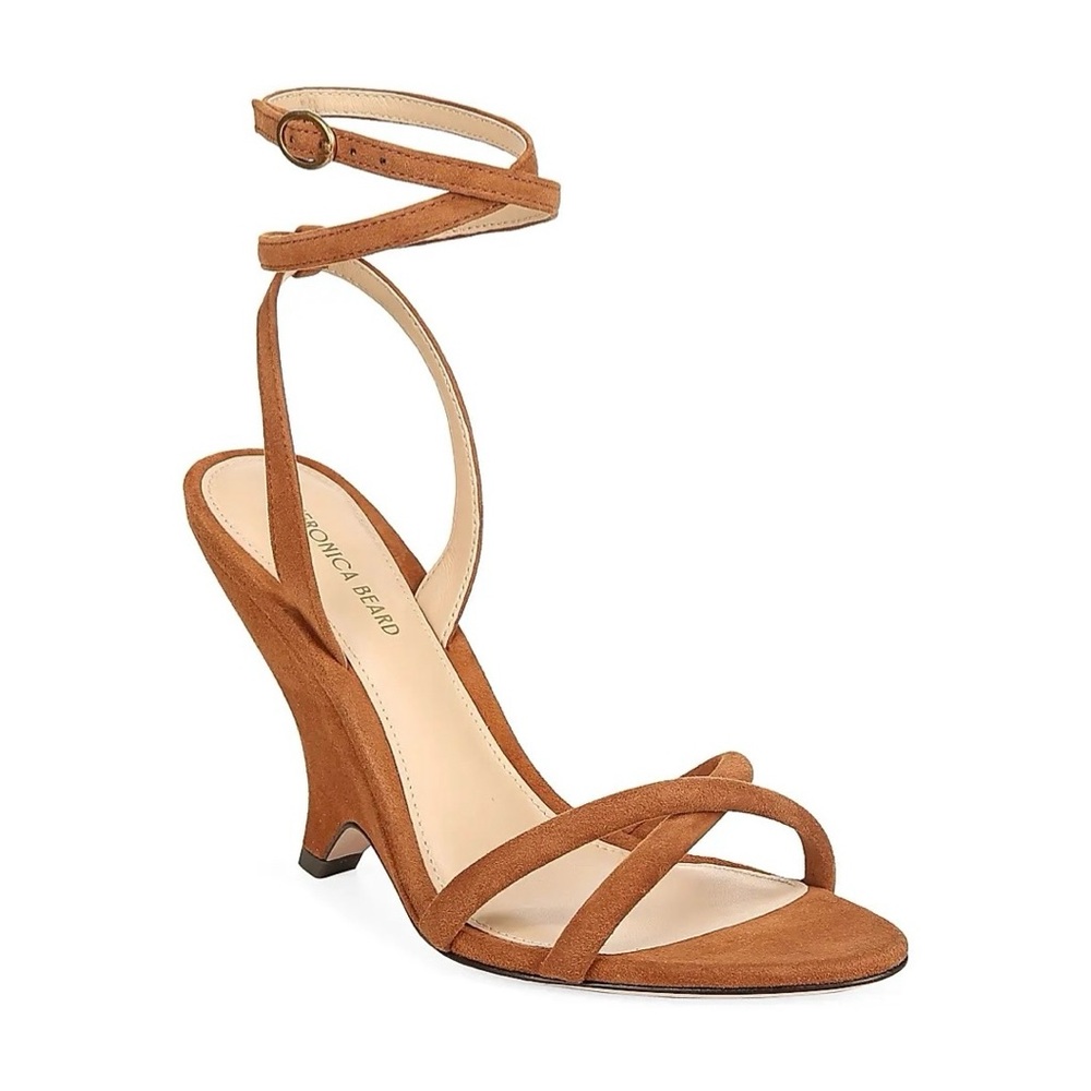 Veronica Beard Manuela 95MM Suede Ankle-Strap Wedge Sandals Caramel Brown 5.5 - Picture 2 of 11